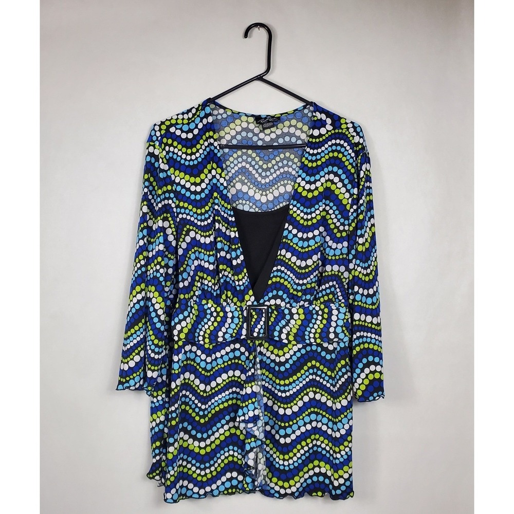 Russell Kemp New York Womens 0X Tunic Top Blue Green Geometric Wave Buckle 4628